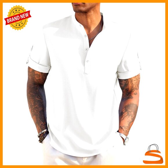 Men's Casual Henley Shirt Short Sleeve Linen Band Collar Summer Beach Wear
